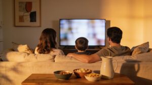 Family watching a baseball game together at home.