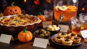 Halloween party food table with finger foods, pumpkin-style fruit, and non-alcoholic drinks.