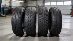 Four car tyres with different tread patterns in a garage.