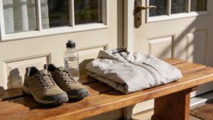 Walking shoes, a water bottle, and a light jacket ready by the front door.