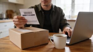 Person checking a package and laptop at a kitchen table before deciding on a return.