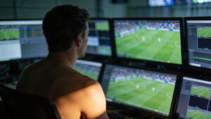 Person watching football replay screens in a video review room.
