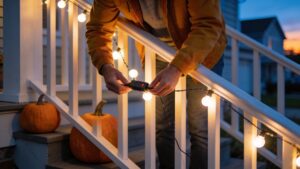 Person hanging battery-powered string lights on a porch before a Halloween party.