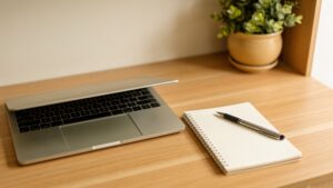 Tidy desk set up to report a scam online.