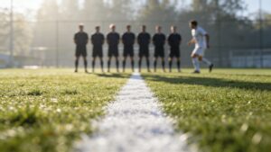Line of defenders on a football pitch with an attacker beside them.