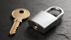 Brass key next to a closed padlock on a dark surface, representing a private key.
