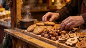 Christmas market stall with gingerbread, nuts and wooden ornaments.
