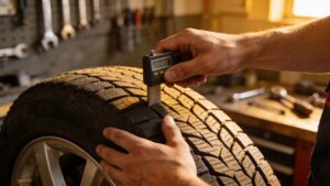 Mechanic checking tyre tread depth in a workshop.