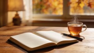 Open notebook and pen beside a cup of tea at a desk.