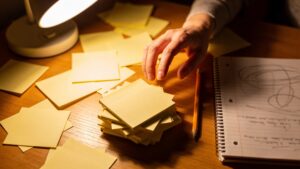 Cluttered desk with blank sticky notes and a notebook, representing the trouble of remembering passwords.