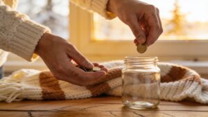 Hands placing coins into a donation jar.