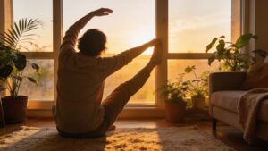 Person standing by a window in morning light, starting the day.