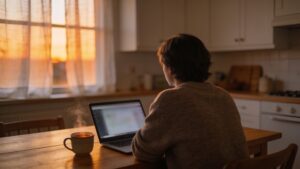 Person at a kitchen table thinking before donating online.