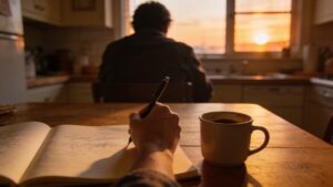 Person writing in a journal at a kitchen table in the evening.