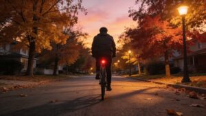 Autumn street at dusk with a cyclist and streetlights coming on.