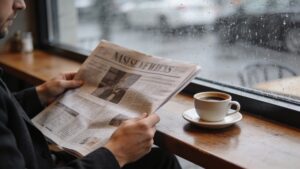 Person reading a newspaper at a café window on a rainy day.