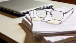 Papers and reading glasses on a desk representing research.