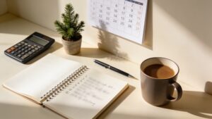 Desk with a notebook, calculator, and calendar used for planning a party budget.