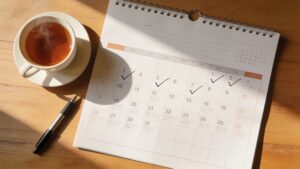 Paper calendar with ticks marking completed walking days.