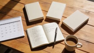 Notebook, calendar, and books on a table while planning a book club.