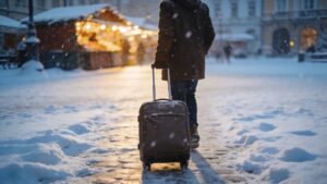 Traveler walking toward a Christmas market in a snowy square.