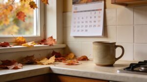 Autumn kitchen with a wall calendar and a mug by a sunny window.