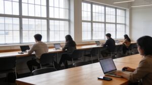 People working on laptops and phones in a bright shared workspace.