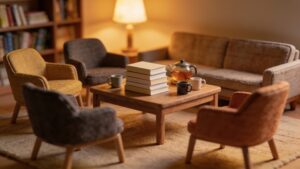 Living room with armchairs arranged in a circle around a table of books and tea.