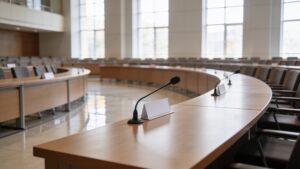 Empty international conference hall with rows of desks and microphones.