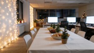 Office prepared for a holiday gathering with string lights and a food table.