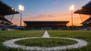Empty football pitch at dusk with floodlights switching on.