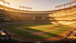 Empty baseball stadium in warm evening light.
